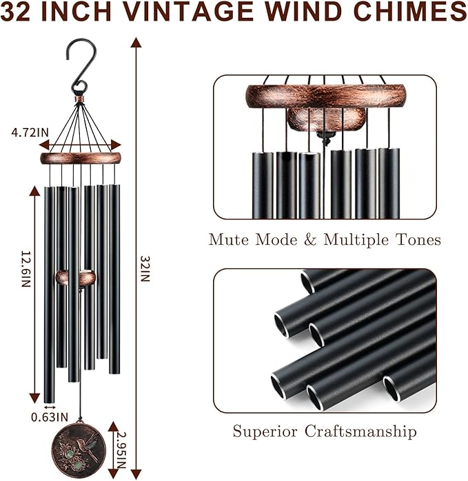 Wind Chimes for Outside, Vintage Hummingbird Deep Tone Wind Chime Outdoor Clearance, Patio Porch Balcony Decoration, Garden Hanging Decor Gifts for Women Mom Grandma (32" Hummingbird)