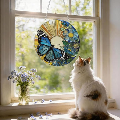 Butterfly Flower Suncatcher, Blue Flower Window Wall Art, Acrylic Sun Catcher for Window Door Hanging, Home Garden Decors, Mother's Day Christmas Festival Gift for Women Mom Grandma