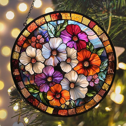 Colorful Poppies Acrylic Suncatcher Stained Glass Effect Window Car Hanging Christmas Ornament Indoor Outdoor Decor Garden Sun Catcher Panel for Floral Lover for Women Mom Grandma