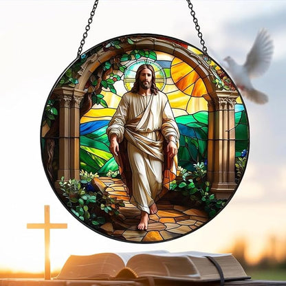 8 Inch Stained Glass Suncatcher for Window Hanging, Christian Stained Glass Windows Hanging Religious Gifts for Women, Sun Catcher for Home Garden Decor, Easter, Faith,Baptism, Memorial