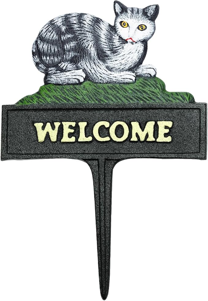 Sungmor Vintage Farmhouse Decorative Garden Stake Welcome Sign, 12" Tall Heavy Duty Sturdy Cast Iron Lovely Cat Statue, Indoor Outdoor Garden Pots Lawn Patio Courtyard Landscaping Decor Funny Stakes