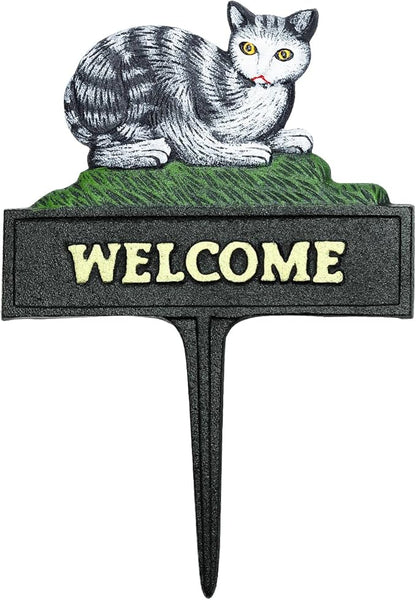 Sungmor Vintage Farmhouse Decorative Garden Stake Welcome Sign, 12" Tall Heavy Duty Sturdy Cast Iron Lovely Cat Statue, Indoor Outdoor Garden Pots Lawn Patio Courtyard Landscaping Decor Funny Stakes