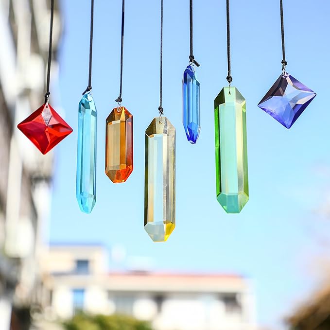 7PCS Crystal Prism Suncatchers Set Rainbow Window Hanging Decor with Hanging Hooks for Home Garden