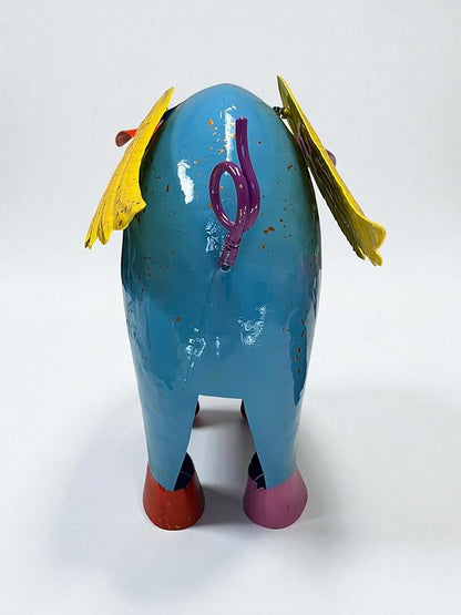 Colorful Enameled Metal Flying Pig Statue - Blue, Patio and Lawn Outdoor Garden Decor, Indoor Home Decoration, Yard Art, Farm Animal Sculpture