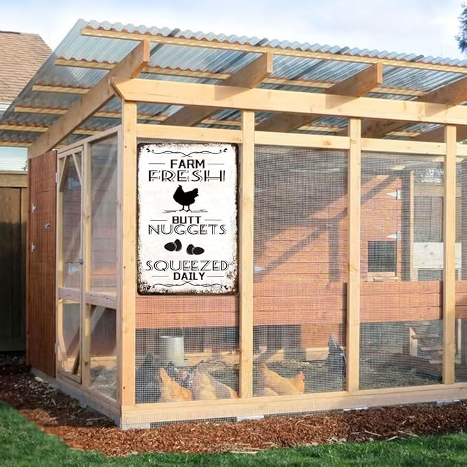 Farm Fresh Nuggets Squeezed Daily Chicken Metal Tin Sign Chicken Coop Signs for Coop Outdoor Funny Chicken Coop Decor Vintage Hen House Sign 12x8 Inch