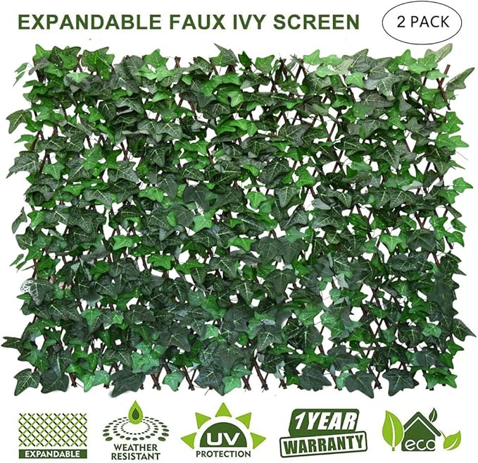 Expandable Faux Ivy Fence,Artificial Privacy Screen Decor for Outdoor Wall, Balcony and Patio, Single Sided Leaves (2, Green-Ivy)