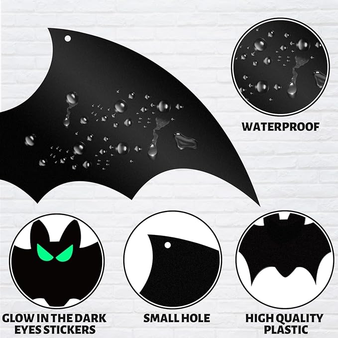 18 PCS Hanging Bats Halloween Decoration Outdoor Black Plastic Bats with Glowing Eyes Different Size Flying Bats Halloween Decor Hanging in The Tree, Porch, Yard, Lawn, Indoor
