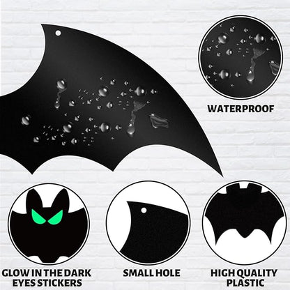 18 PCS Hanging Bats Halloween Decoration Outdoor Black Plastic Bats with Glowing Eyes Different Size Flying Bats Halloween Decor Hanging in The Tree, Porch, Yard, Lawn, Indoor