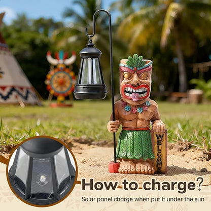 Solar Tiki Outdoor Statues Funny Tiki Bar Decor with Solar Light Waterproof Tiki Figurines Decoration for Lawn Yard Balcony Patio Garden for Christmas Housewarming