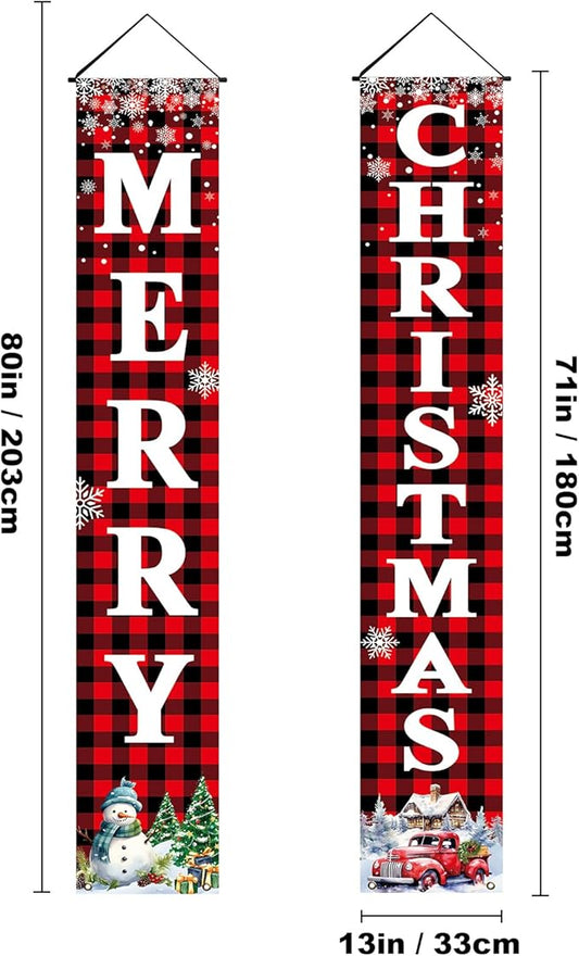 Christmas Decorations Outdoor Yard: Large Red Black Front Porch Sign, Buffalo Plaid Xmas Door Banner, Hanging Merry Christmas Decor for Home School Office Indoor Wall Garage Yard Outside