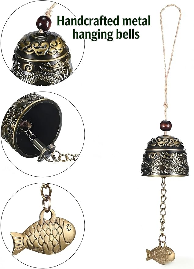 2pcs Vintage Style Feng Shui Wind Chimes - Handcrafted Metal Dragon Fish Decor for Patio & Home