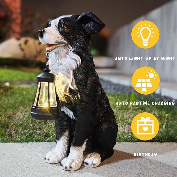 COWOS Solar Border Collie Dog Statue with Lantern, Resin Outdoor Garden Decor, Solar Powered LED Dog Sculpture for Patio Porch Yard