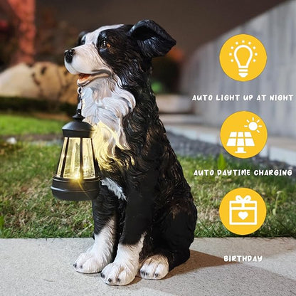 COWOS Solar Border Collie Dog Statue with Lantern, Resin Outdoor Garden Decor, Solar Powered LED Dog Sculpture for Patio Porch Yard