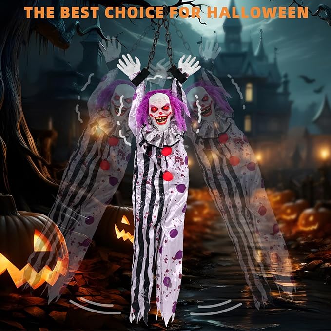 Kendane Halloween Decorations Outdoor and Indoor,Scary Halloween Animatronics Clown,Hanging Clown with Light-Up Eyes and Creepy Sound,Party Decorations for Yard Lawn,Haunted House Decor