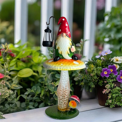 Solar Garden Gnomes Outdoor Statue, Waterproof Outdoor Mushroom Decor with Solar Lantern LED Lights for Yard, Patio, Lawn Ornaments, Valentines Day Gifts for Mom Women, Housewarming Gifts-16.5"
