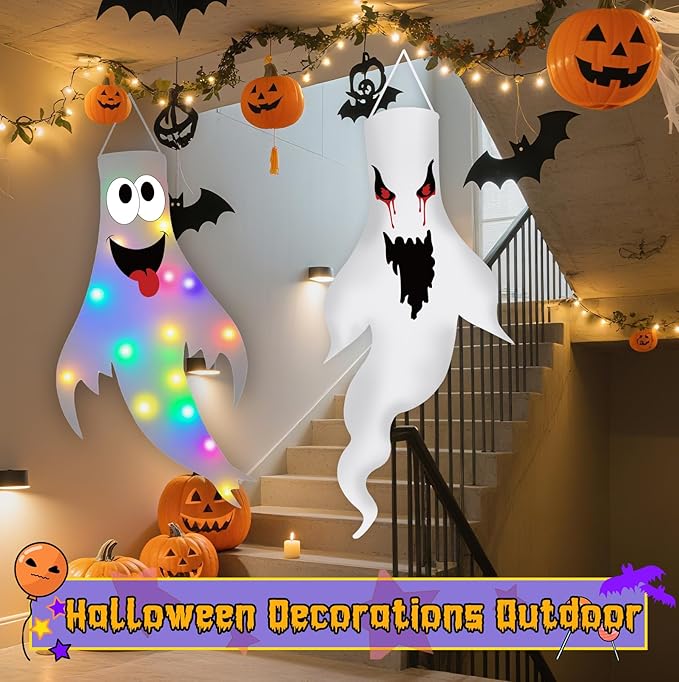 Halloween Decorations Outdoor Indoor, 2 Pack Light Up Ghost Decorations with LED Lights, Hanging Ghost Halloween Decor for Yard Porch Garden Lawn Party (2B-2Pack)