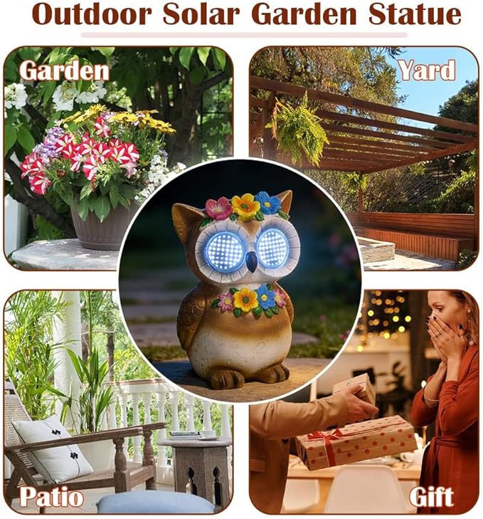 Solar Garden Statue with LED Lights, Dynamic Blinking Lights and Flowers, Outdoor Garden Figurine for Patio Porch Lawn Backyard Decor, Housewarming Gifts for Women (Owl)