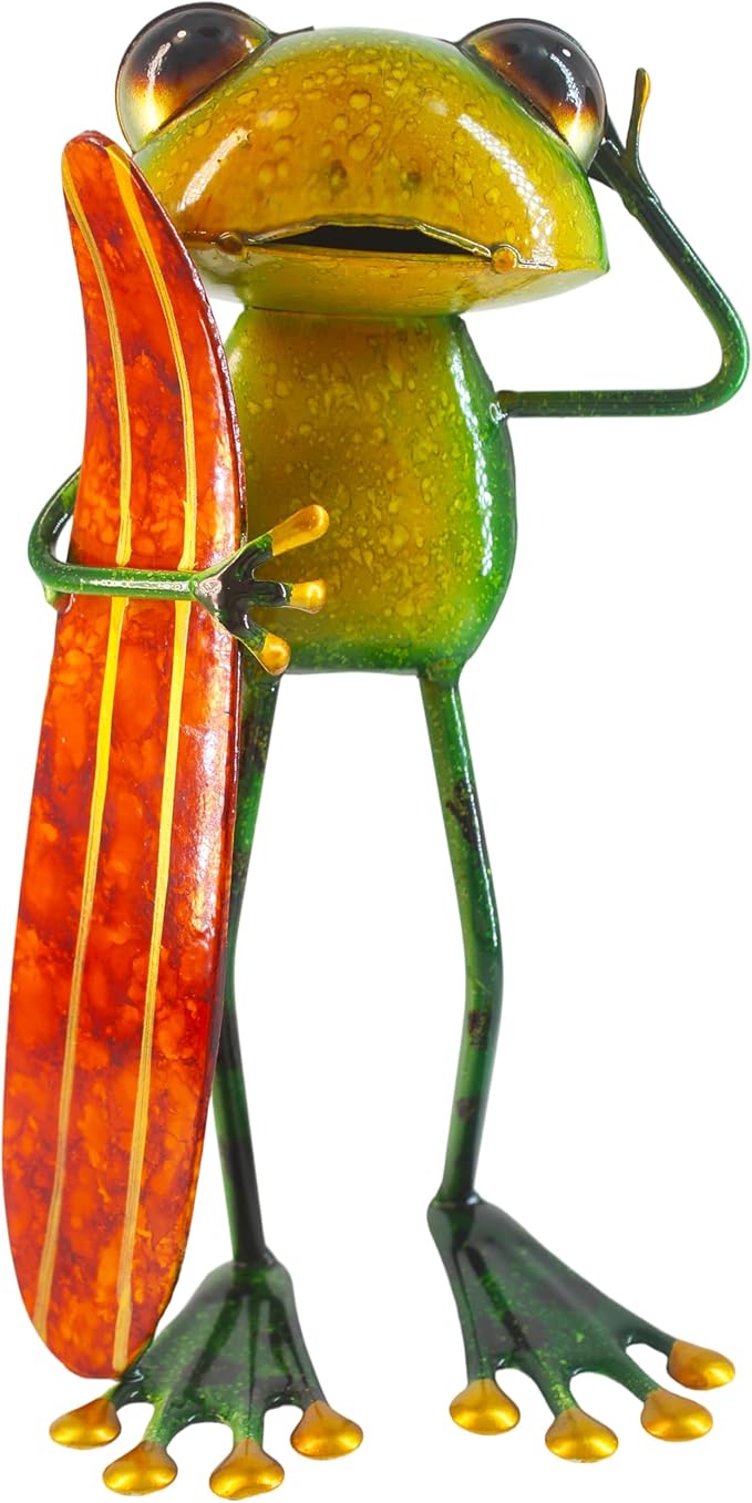Frog Metal Garden Decor Yard Art Frog Decor with Skateboard, 3D Stereo Hand-Painted Decoration for Outdoor Garden Patio Plant Porch Poolside, Indoor Living Room Bedroom Shelf Ornament 9.5'' Height
