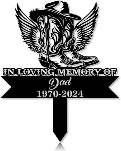 Custom Cowboy Memorial Garden Stakes, Cowboy Boots Hat with Wings Grave Marker, Cowboys Memory Gift Loss of Loved One Sculpture Remembrance Plaque.