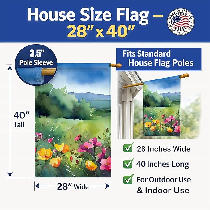Caroline's Treasures North Dakota Wild Prairie Roses in Watercolor House Flag Large Porch Sleeve Pole Decorative Outside Yard Banner Artwork Wall Hanging, Polyester, House Size, Multicolor