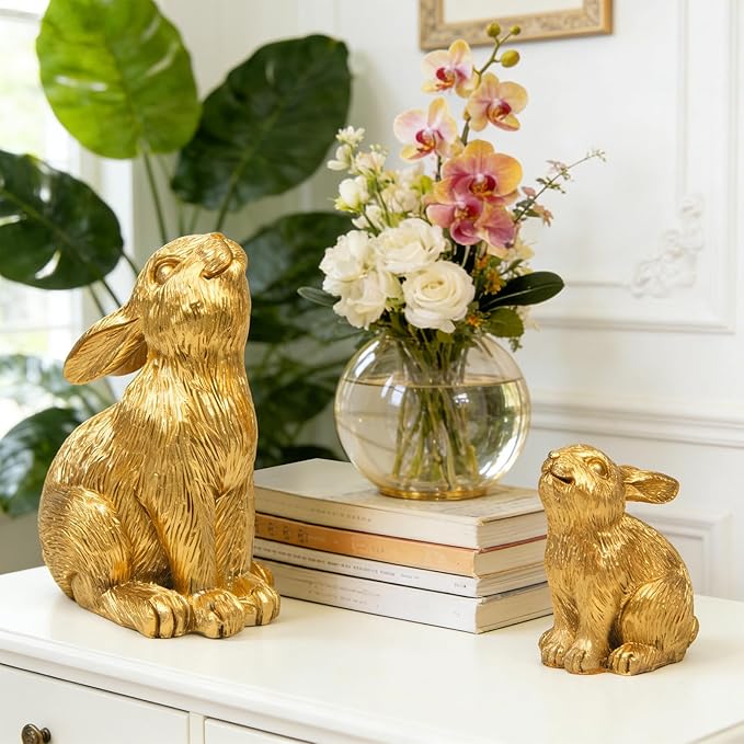 Resin Gold Bunny Decor Rabbit Figurines, Small Easter Bunny Figurine Set of 2, Easter Rabbit Statues for Spring Tabletop Decor