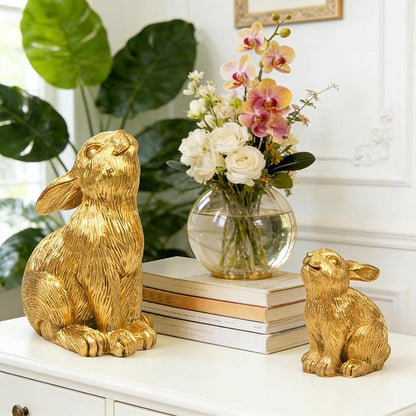 Resin Gold Bunny Decor Rabbit Figurines, Small Easter Bunny Figurine Set of 2, Easter Rabbit Statues for Spring Tabletop Decor