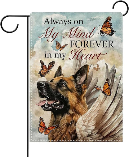 Dyrenson Memorial German Shepherd Dog Decorative Garden Flag, Always on My Mind Forever in My Heart Yard Outside Home Decoration, Pet Butterfly Cemetery Burlap Outdoor Small Decor Double Sided 12x18