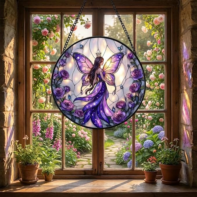 Fairy Stained Glass Suncather for Window Hanging with Butterfly Wing, 7.9'' Purple Fairy Ornament Gift for Women, Whimsical Wall Art Home Decor Gifts for Mom, Grandma (Purple Fairy, 7.9'')