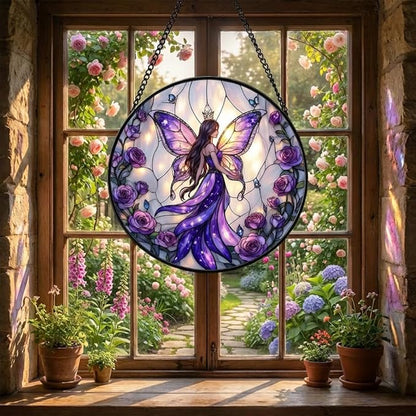 Fairy Stained Glass Suncather for Window Hanging with Butterfly Wing, 6.3'' Purple Fairy Ornament Gift for Women, Whimsical Wall Art Home Decor Gifts for Mom, Grandma (Purple Fairy, 6.3'')