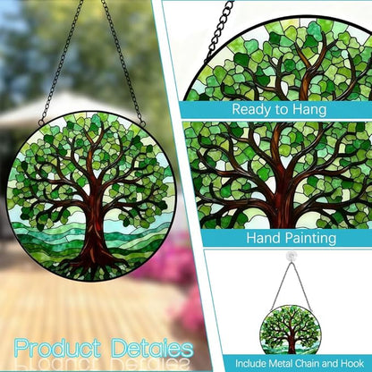 Tree of Life Suncatcher Stained Glass Window Hanging - 8 Inch Green Tree Suncatchers for Home Outdoor Garden Decoration - Sun Catchers Window Decor Panel - Mother's Day Birthday Gifts for Mom Grandma