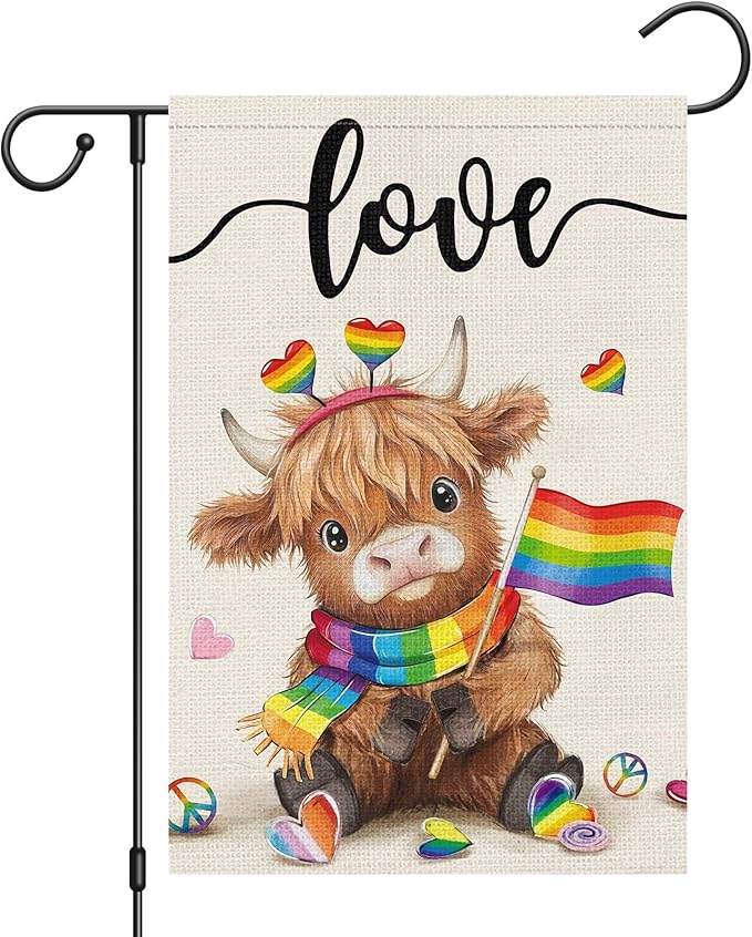 Heyfibro Love Cute Highland Cow Pride Garden Flag 12x18 Double Sided Burlap, Rainbow Heart Pattern Gay Lesbian LGBT Pansexual Yard Banner for Pride Month Outdoor Decoration (ONLY FLAG)