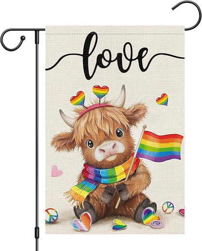 Heyfibro Love Cute Highland Cow Pride Garden Flag 12x18 Double Sided Burlap, Rainbow Heart Pattern Gay Lesbian LGBT Pansexual Yard Banner for Pride Month Outdoor Decoration (ONLY FLAG)