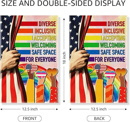 Diverse Inclusive Accepting Welcoming Garden Flag, LGBTQ Pride Ally Flags for Outside, Inclusion And Equality Yard Sign, Diversity Safe Social Justice Kindness Banner, Liberal Outdoor Decor