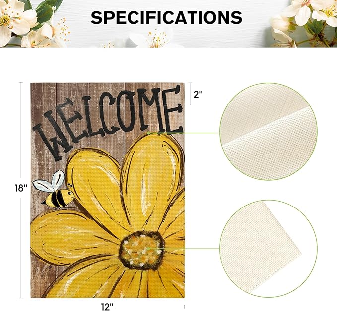 AVOIN colorlife Bee Sunflower Spring Summer Garden Flag 12x18 Inch Double Sided Outside, Welcome Wood Grain Yard Outdoor Flag