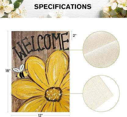 AVOIN colorlife Bee Sunflower Spring Summer Garden Flag 12x18 Inch Double Sided Outside, Welcome Wood Grain Yard Outdoor Flag