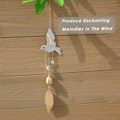 Hummingbird Rhinestones Hanging Bell for Window Decor - Wind Chime with Suncatcher for Patio Hallway Indoor Home Decor - Fengshui Hanging Bell Chimes for Good Luck