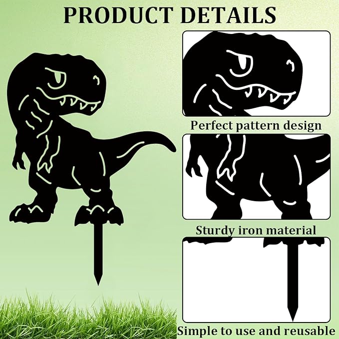 CREATCABIN 2Pcs 2Styles Dinosaur Metal Garden Stakes Dinosaur Garden Decor Art Black Dinosaur Silhouette Statues Garden Decorative Ground Insert Lawn Ornaments for Outside Outdoor Dinosaur Lover Gifts