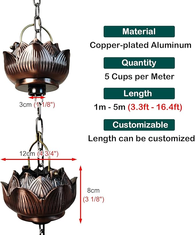 Lotus Rain Chain Cups for Outside, 5 Cups per Meter, Decorative Gutter Downspout Diverter Rain Catcher, Copper Exquisite Rain Chimes Easy Hanging,2.2m (7.2ft)