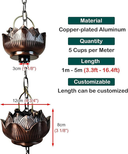 Lotus Rain Chain Cups for Outside, 5 Cups per Meter, Decorative Gutter Downspout Diverter Rain Catcher, Copper Exquisite Rain Chimes Easy Hanging,3.5m (11.5ft)
