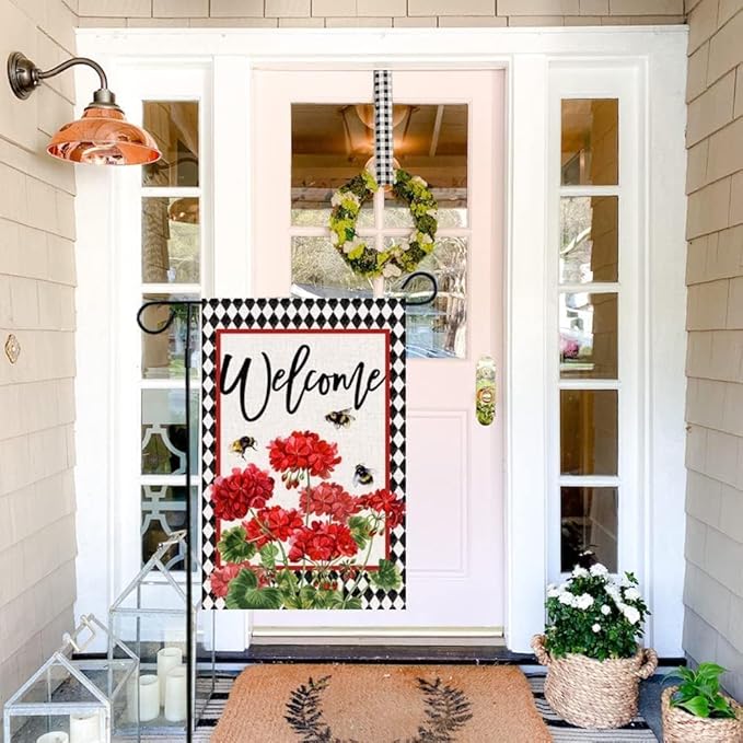 Baccessor Spring Summer Geranium Welcome Garden Flag Double Sided Summer Bee Red Floral Buffalo Plaid Small Burlap Yard Flag House Seasonal Farmhouse Outside Outdoor Decoration 12.5 x 18 Inch