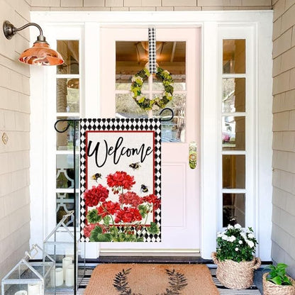Baccessor Spring Summer Geranium Welcome Garden Flag Double Sided Summer Bee Red Floral Buffalo Plaid Small Burlap Yard Flag House Seasonal Farmhouse Outside Outdoor Decoration 12.5 x 18 Inch