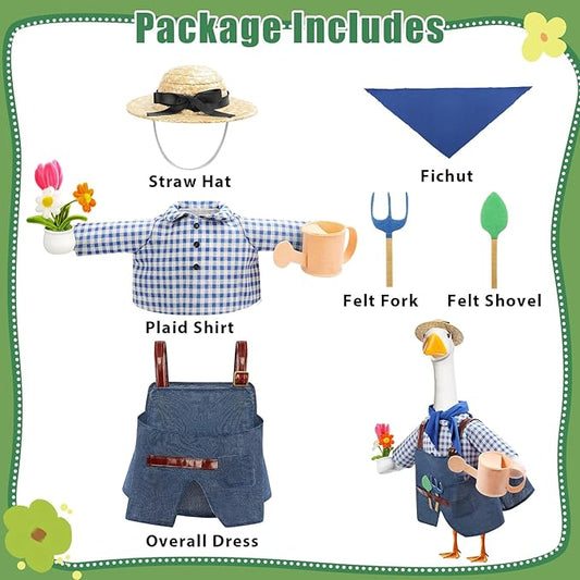 GJL Gardener Porch Goose Outfit Fits 23 Inch Cement Plastic Goose Statue, 2-Piece Porch Goose Clothes with Hat, Tools, Scarf, Watering Can & Flower Pot Design for Spring Summer Outdoor Garden Decor