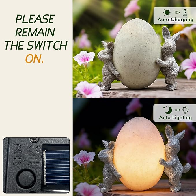 Solar Bunny Garden Statue with LED Light – Cute Solar Garden Decor Outdoor Rabbit Statue for Patio Yard Backyard Lawn, Bunny Decor Garden Statues, Easter Rabbit Gifts-Egg