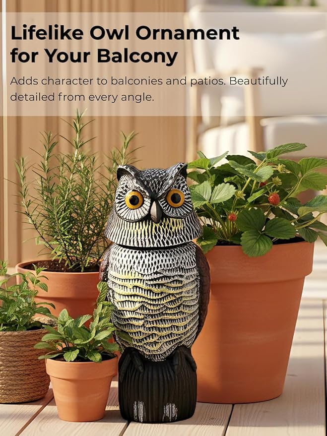 Garden Fake Owl Sculpture with 360° Rotating Head, Waterproof Outdoor Statue for Garden Yard Patio Balcony Roof