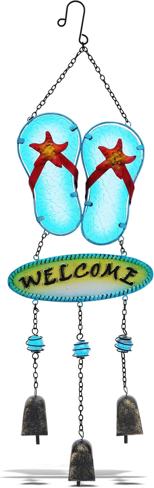 CoTa Global Welcome Flip-Flop Hanging Wind Chimes - Aqua Nautical Wind Chimes for Outside, Sea Glass Art Glass Wind Chimes for Outdoors and Indoors, Perfect Sea Glass Decor for Garden Decoration Art
