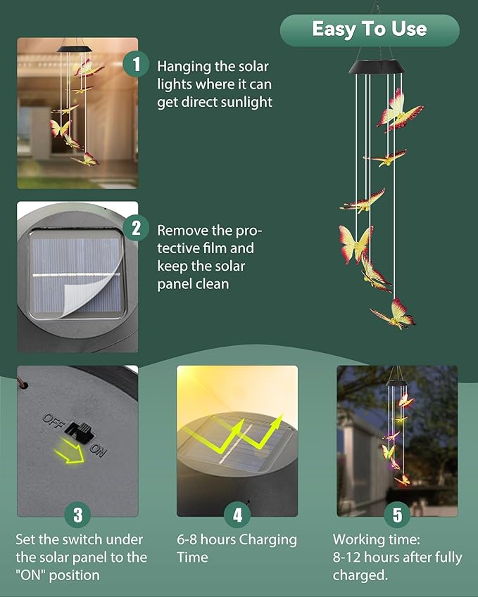 DOUBLEZHE Solar Wind Chimes for Outside, Color Changing Butterfly Wind Chime Outdoor Clearance, Birthday Gifts for Mom Women Grandma Wife Girls, Unique Decor Colorful Patio Yard Party Decoration