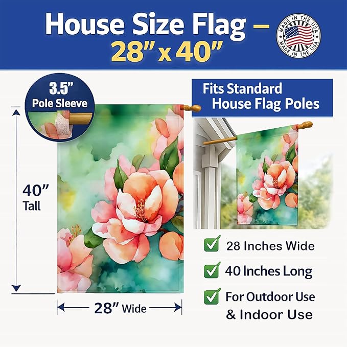 Caroline's Treasures Delaware Peach Blossom in Watercolor House Flag Large Porch Sleeve Pole Decorative Outside Yard Banner Artwork Wall Hanging, Polyester, House Size, Multicolor