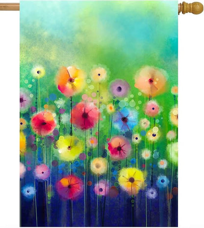 Watercolor Abstract Spring Summer Seasonal Green Floral Flowers Art House Flag 28" x 40" Double Sided Polyester Welcome Large Yard Garden Flag Banners for Patio Lawn Home Outdoor Decor