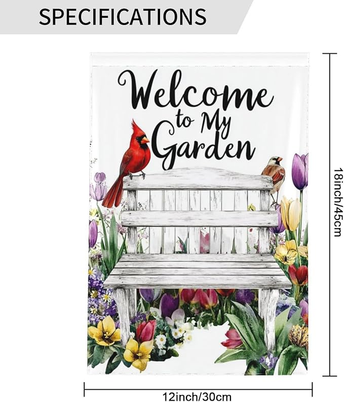 Bench with Flowers Garden Flags 12×18 Inch Welcome to My Garden Double Sided Decorative Yard Banner Seasonal Flag for Outdoor Outside Decor