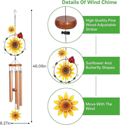 Sunflower Wind Chimes for Outside Metal Aluminum 46" Inches Wind Chime with Sunflower Outdoor Decor Large Unique Wind Chimes for Festivals/Birthday for Mom Dad Grandma Home Garden Patio Decor